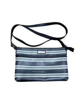Y2K Tommy Hilfiger Crossbody Purse Handbag Bag Striped Black and Gray 10"X 7"X1"